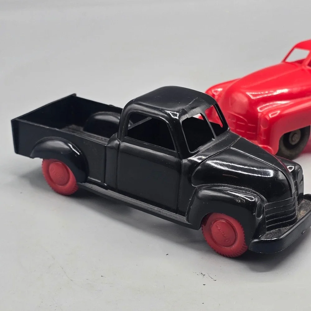Vintage Irwin Hard Plastic Toy Cars Set Black Pickup Truck and Red Sedan